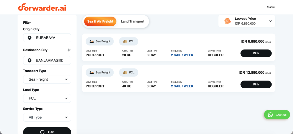 Cek tarif FCL Forwarder.ai