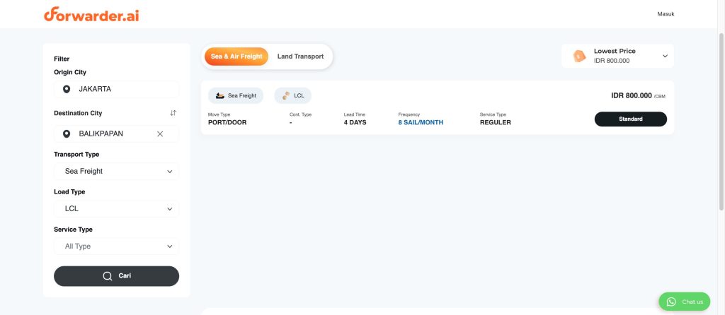 Cek tarif LCL instan