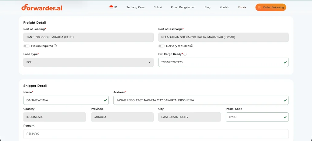 Langkah Booking Sea Freight di Forwarder.ai