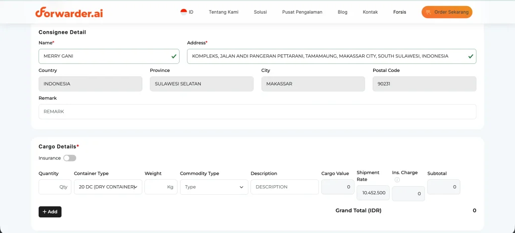 Langkah Booking Sea Freight di Forwarder.ai