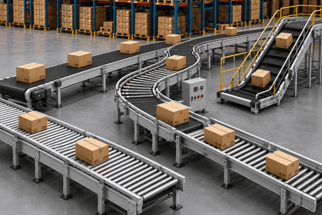 ilustrasi conveyor warehouse